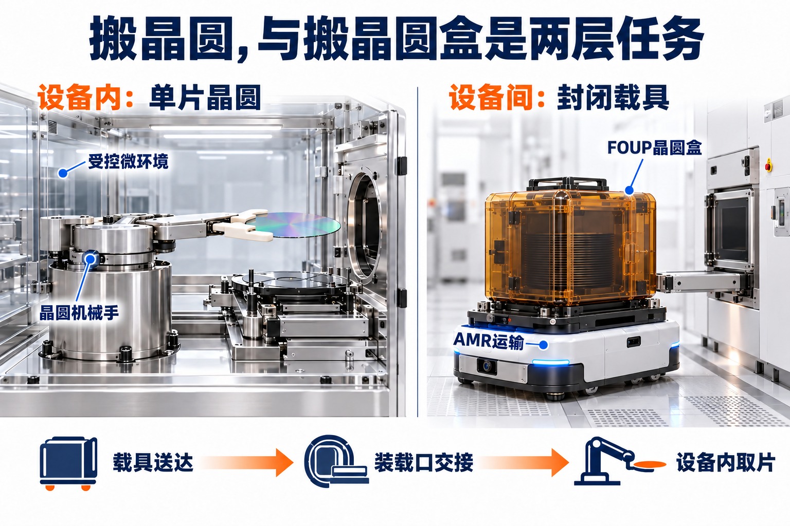设备内单片晶圆机械手与设备间封闭FOUP载具运输的两层分工