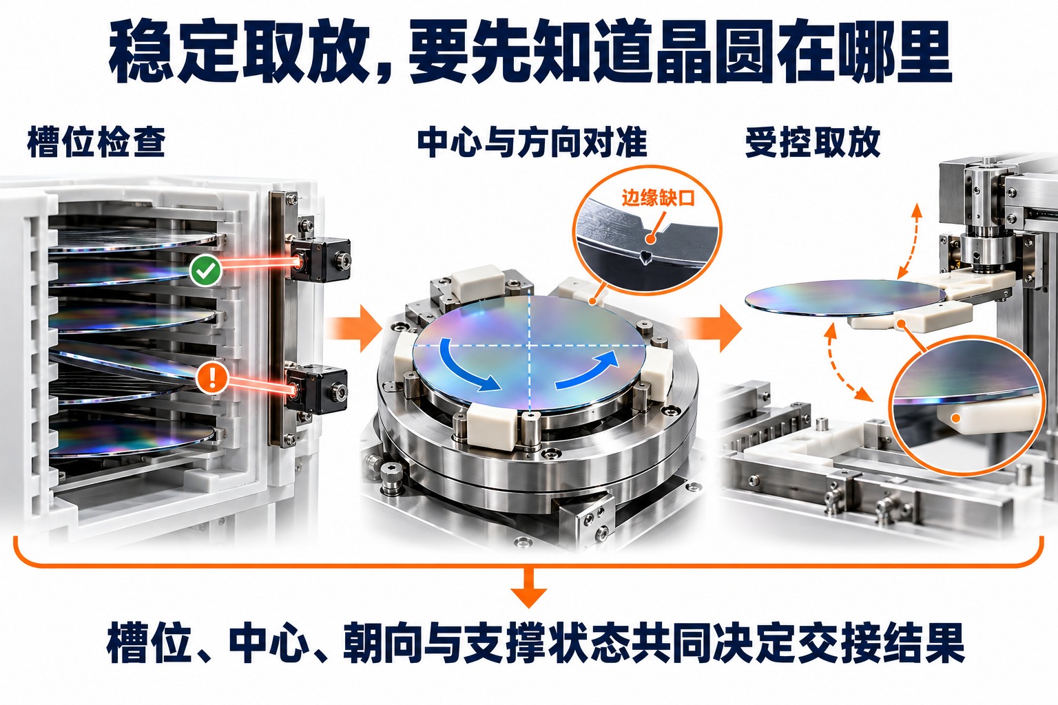晶圆槽位检查、中心与缺口方向对准、受控托叉取放三个环节