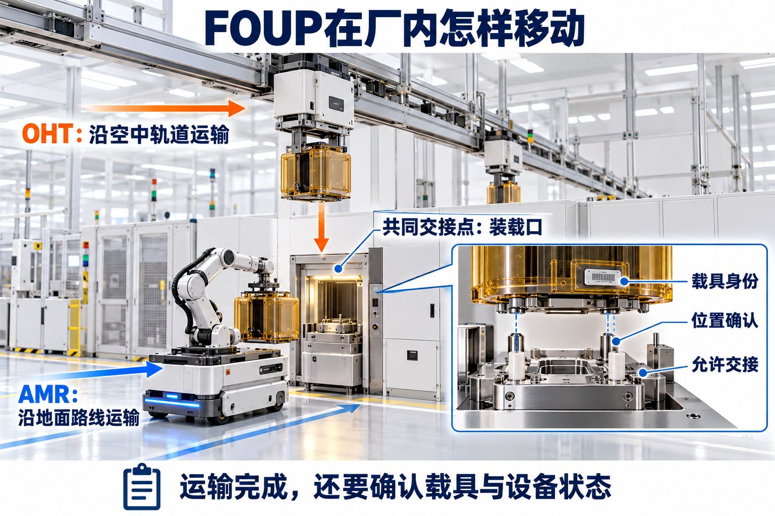 空中OHT与地面洁净AMR分别将封闭FOUP送至装载口的路径示意