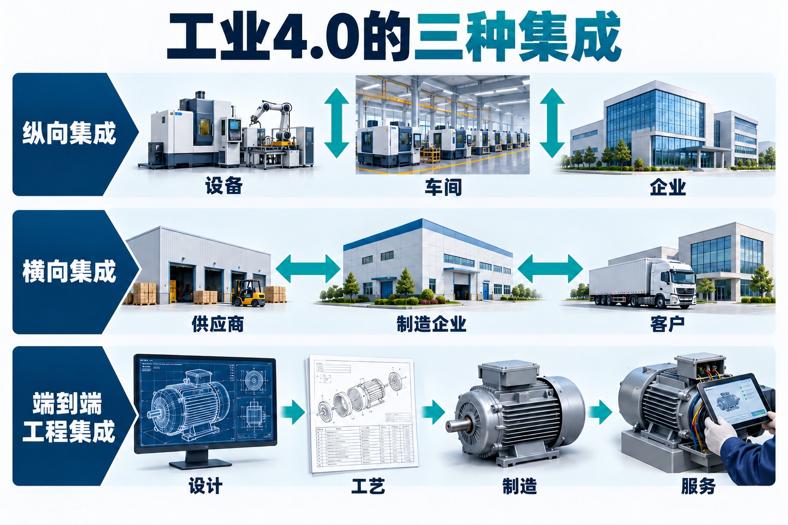 纵向集成、横向集成与端到端工程集成分别连接不同层级、不同企业和生命周期信息