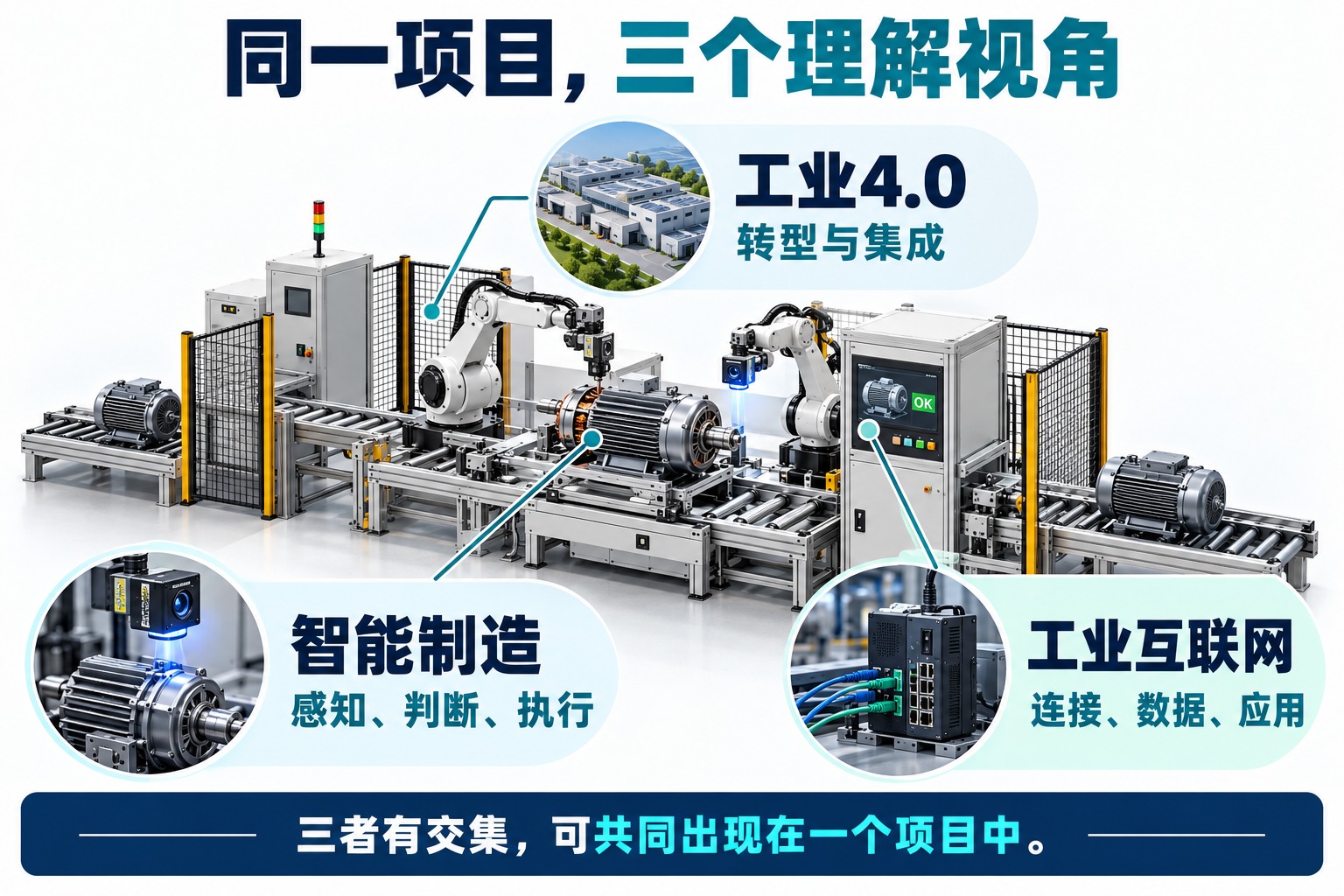 同一个生产项目分别从转型与集成、制造能力、连接与数据应用三个视角理解
