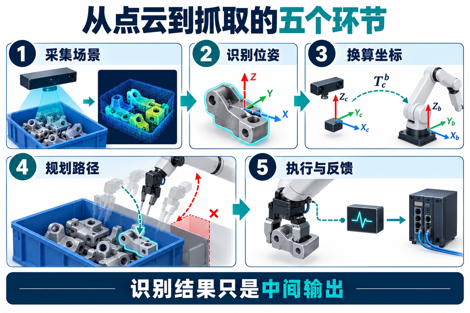 视觉引导抓取依次经过采集、识别位姿、坐标转换、路径规划与夹持反馈