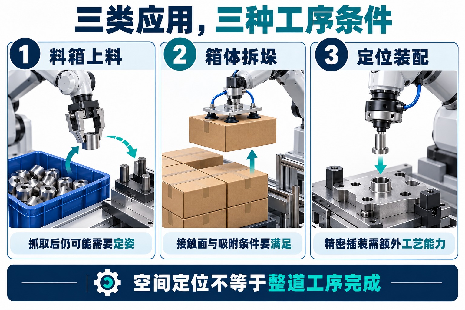 料箱上料、箱体拆垛与定位装配三类任务,各自对应抓取、接触面和精定位条件