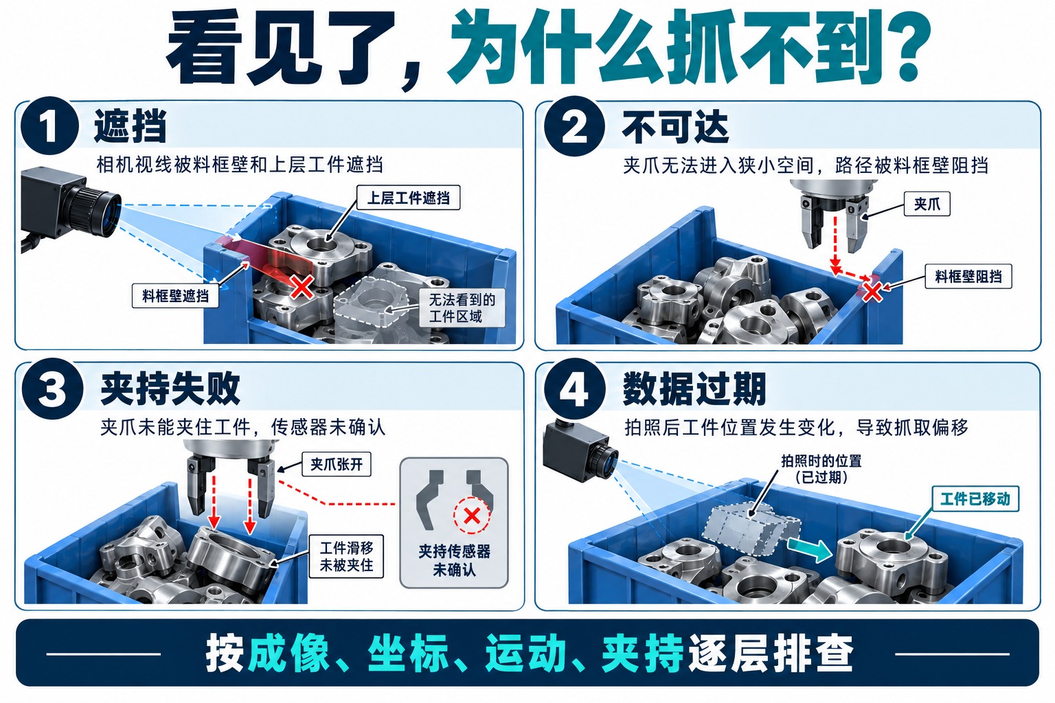 遮挡、不可达、夹持失败和数据过期四种视觉抓取问题对应不同检查层次