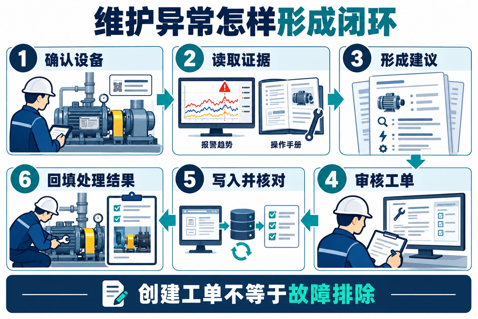 维护任务从对象确认和证据分析,到审核、创建工单和现场结果回填