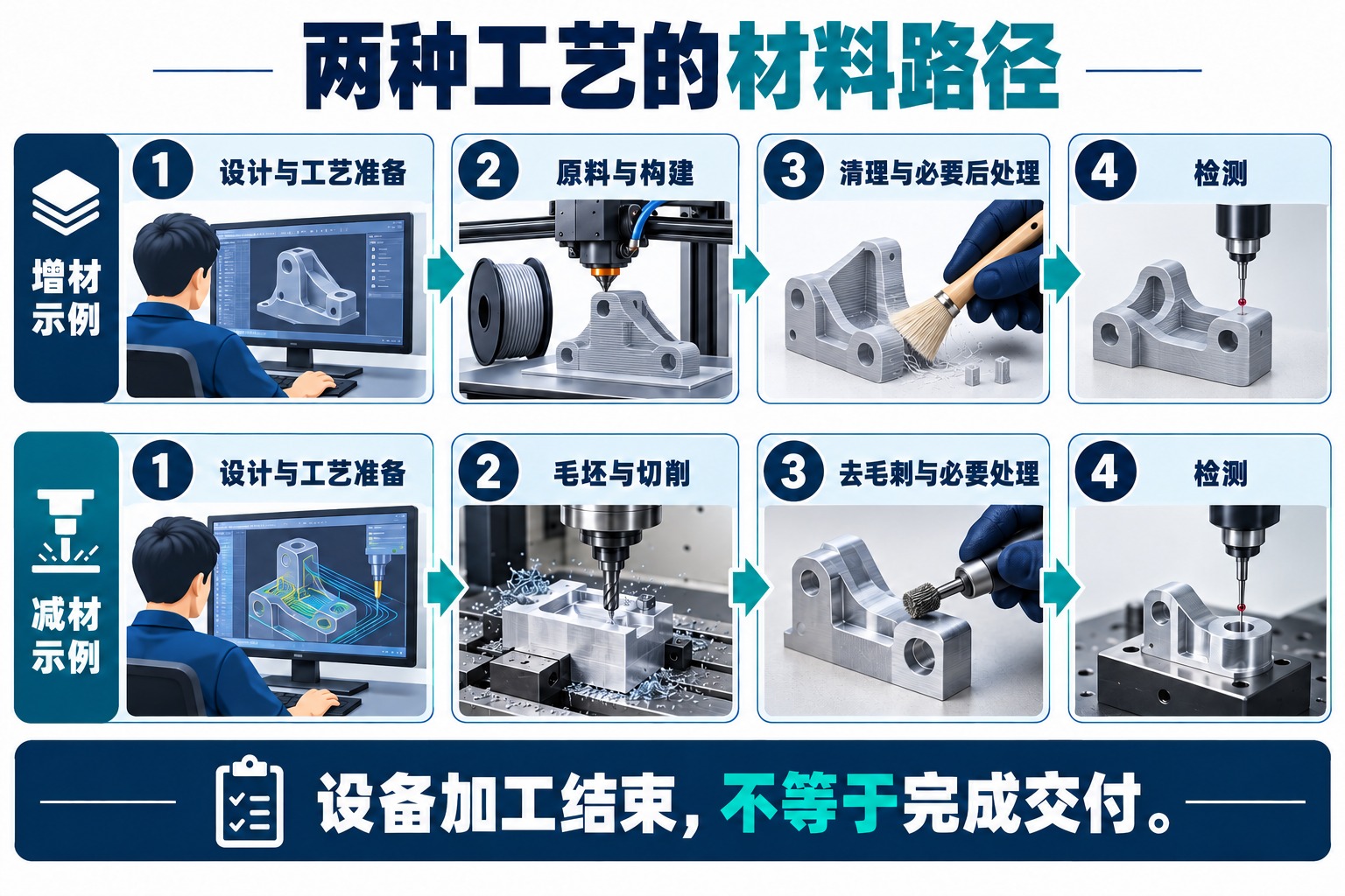 增材路线由模型和材料进入构建与后处理;减材路线由模型和毛坯进入刀路、切削与检测