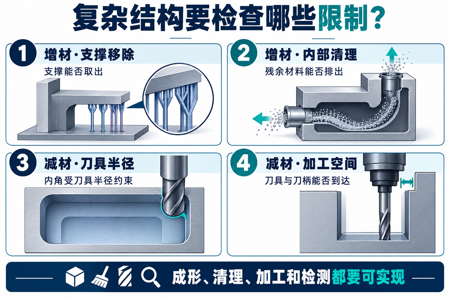 增材需检查支撑与清理通道,减材需检查刀具半径与可达空间