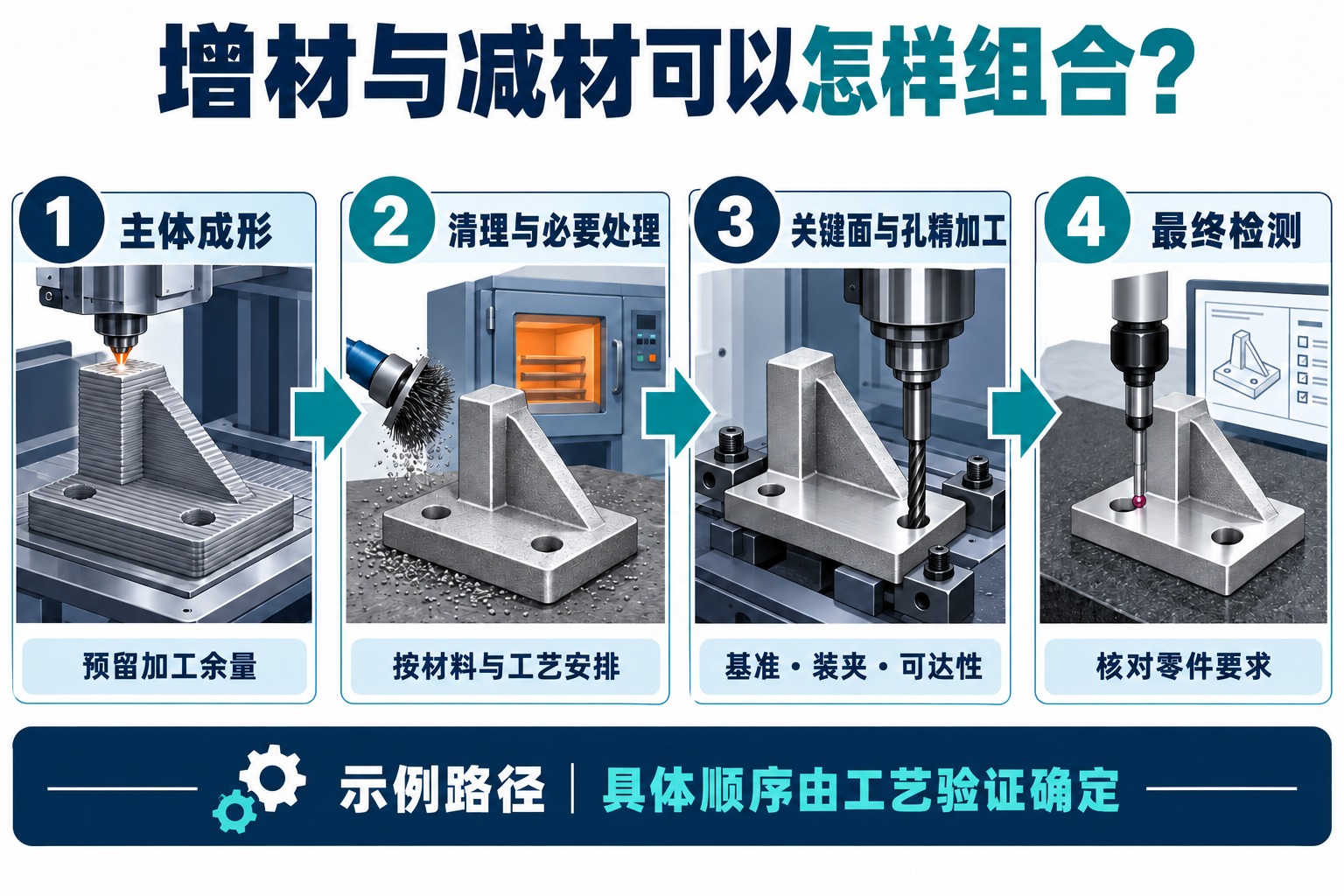 支架先增材形成主体,再按需要清理和处理、加工配合面与孔,最后检测