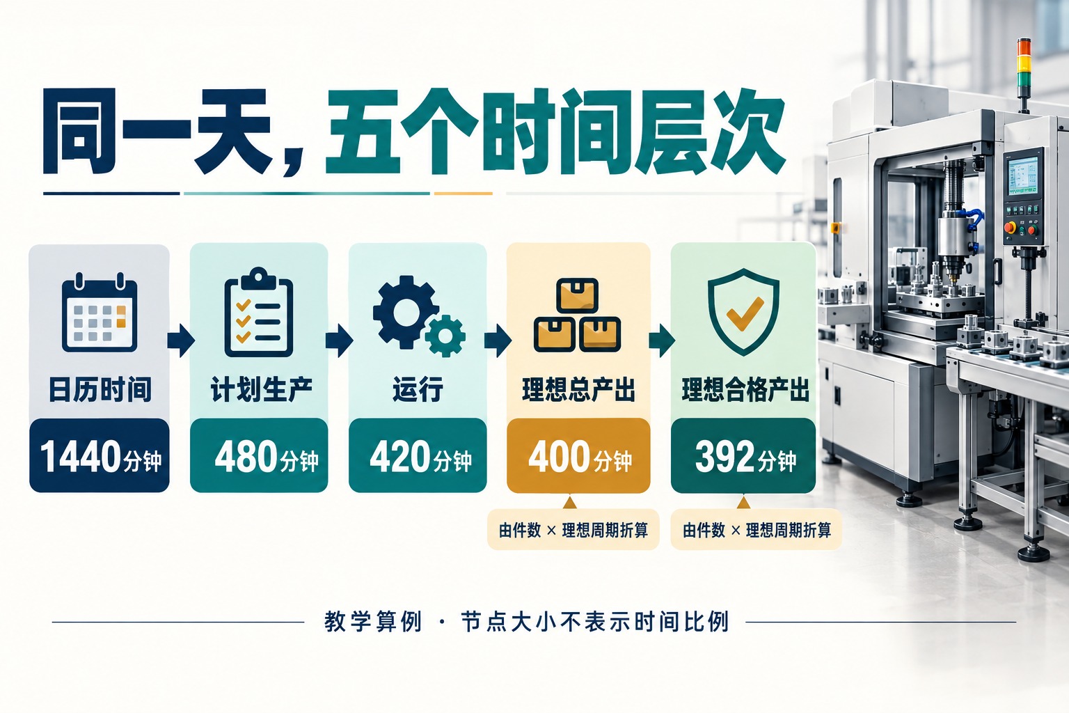 日历1440分钟、计划生产480分钟、运行420分钟、理想总产出400分钟和理想合格产出392分钟的层级关系