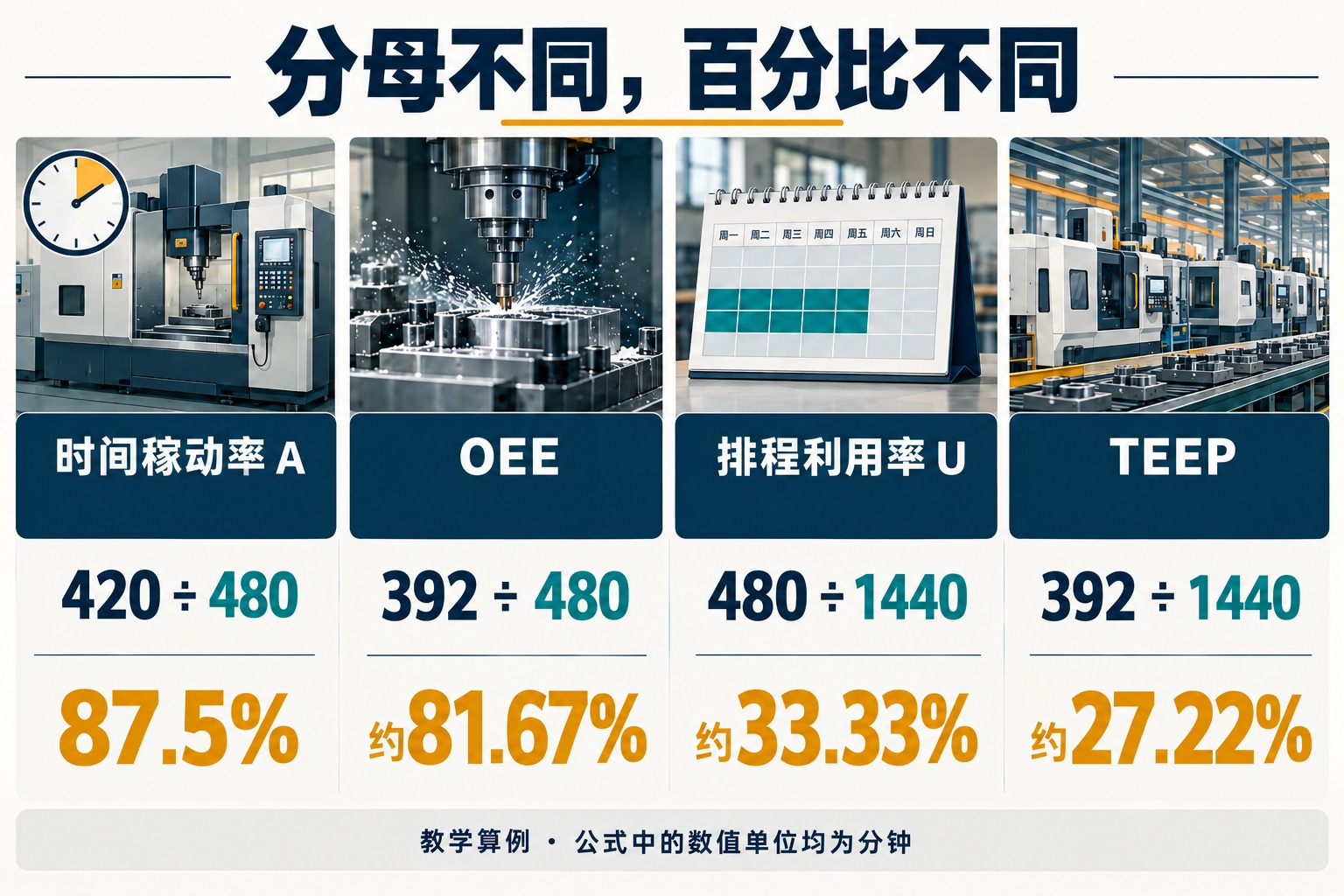 同一设备教学数据:时间稼动率87.5%、OEE约81.67%、排程利用率约33.33%、TEEP约27.22%,分别标明分子与分母