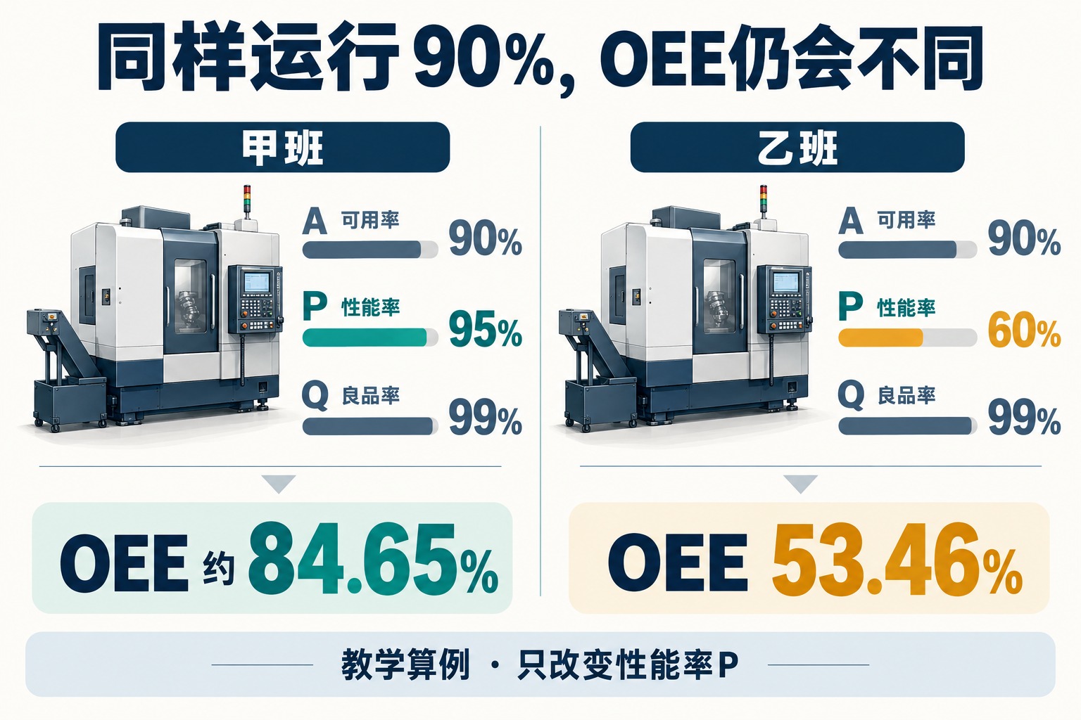 两个教学班次A同为90%、Q同为99%,P分别95%和60%,对应OEE84.65%和53.46%