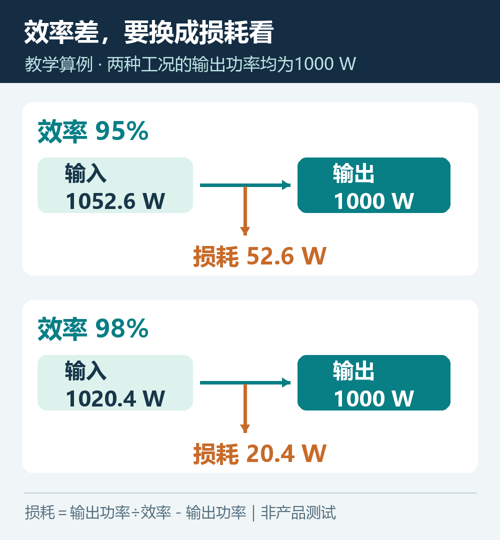同为1000瓦输出时，95%和98%效率分别对应52.6瓦和20.4瓦损耗的能量账