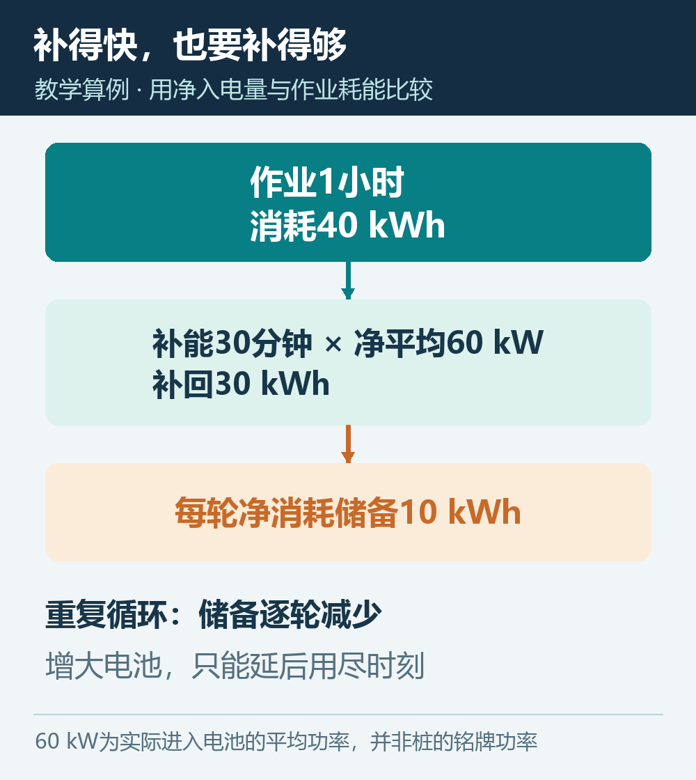 每轮作业消耗40千瓦时、半小时以60千瓦净平均功率补回30千瓦时,储备逐轮减少10千瓦时