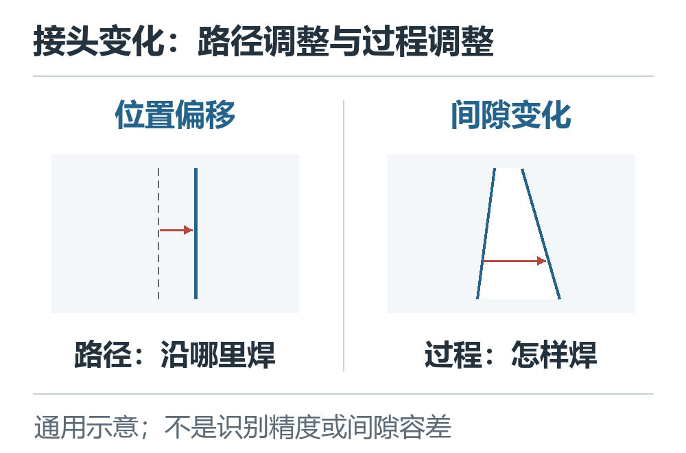 位置偏移对应沿哪里焊的路径调整,间隙变化对应怎样焊的过程调整示意
