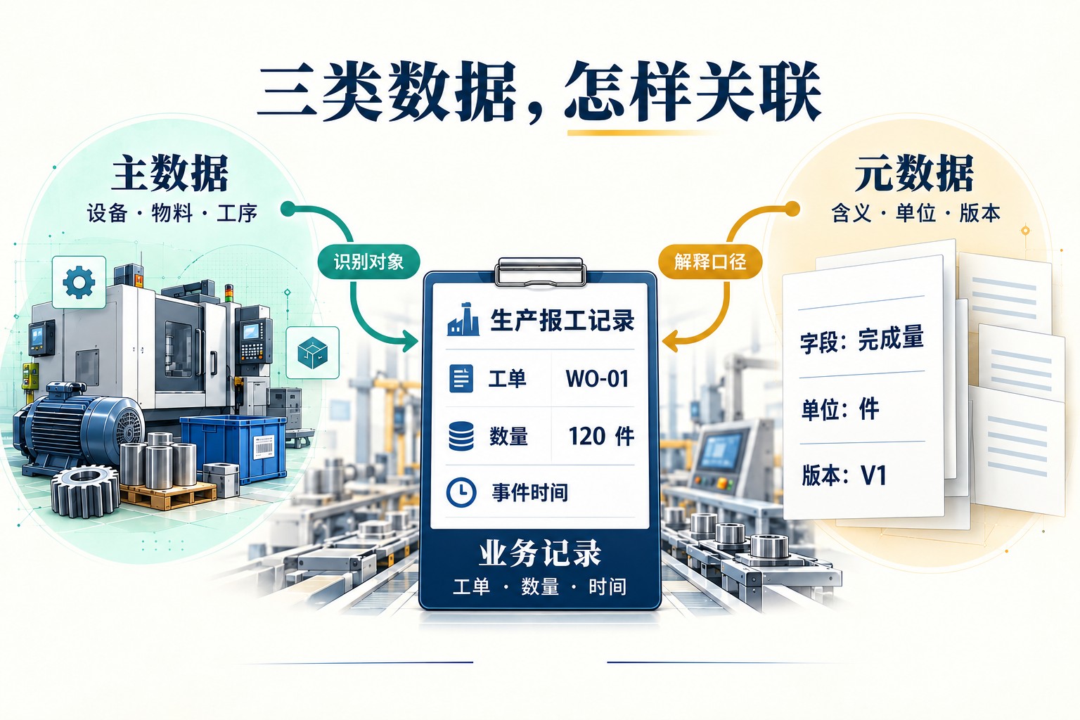 主数据、业务记录和元数据的关系:设备与物料标识连接生产事件,字段定义解释事件含义