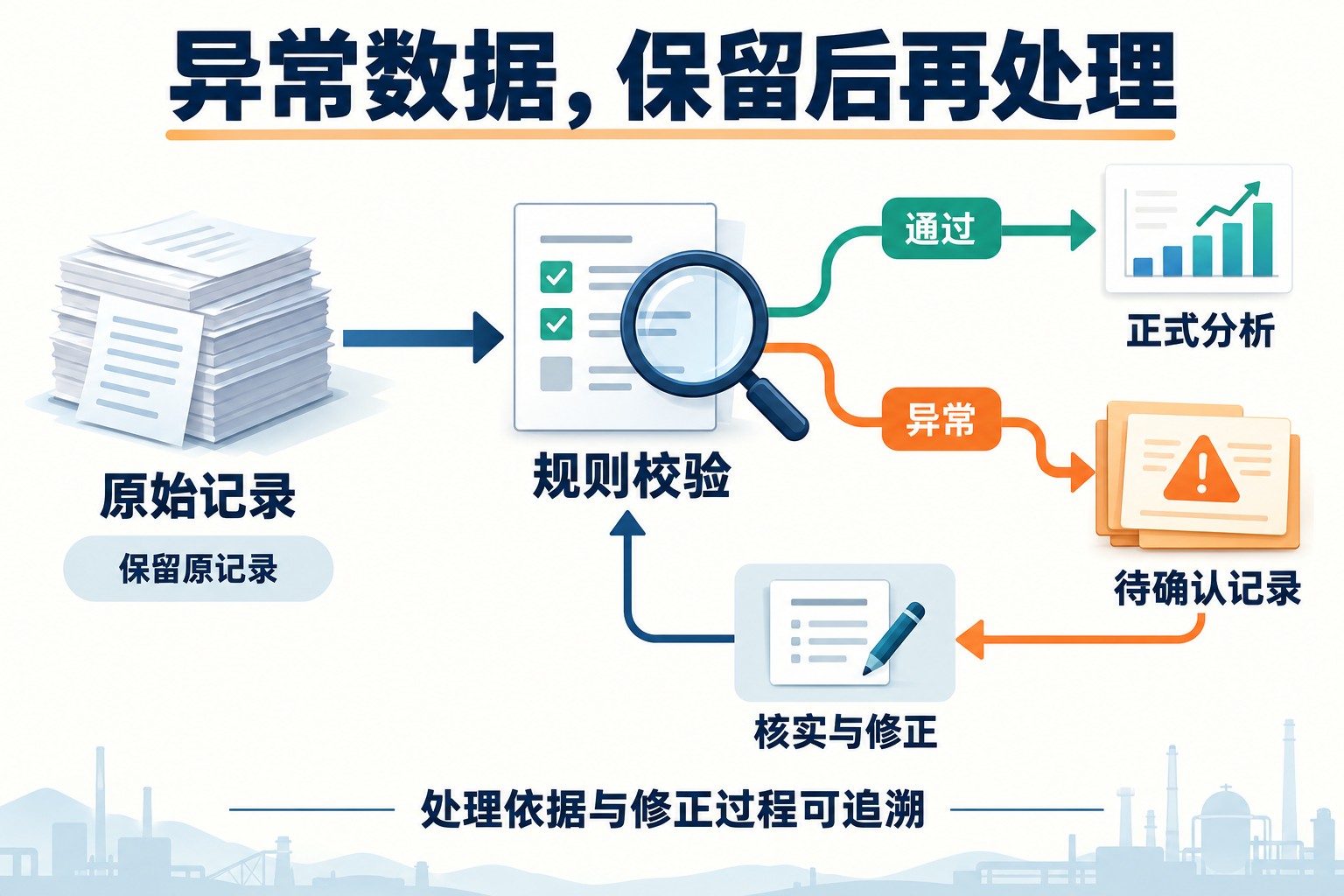 工业数据质量处理流程:原始记录保存后进行规则校验,可信记录用于分析,异常记录进入确认和修正流程